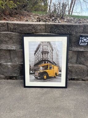 Framed Yellow Vintage Taxi Wall Art - Black Frame